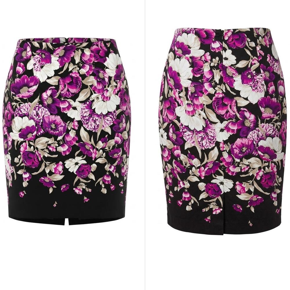 White House Black Market Black Purple Floral Pencil Skirt Women Size 6